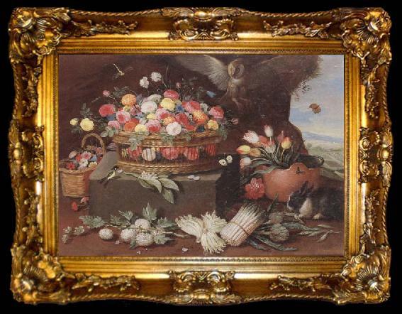 framed  Jan Van Kessel Still life of various flwers in a basket,tulips in a copper pot hortensias,asparagi and artichokes laid out on the ground,together with an owl,butterf, ta009-2